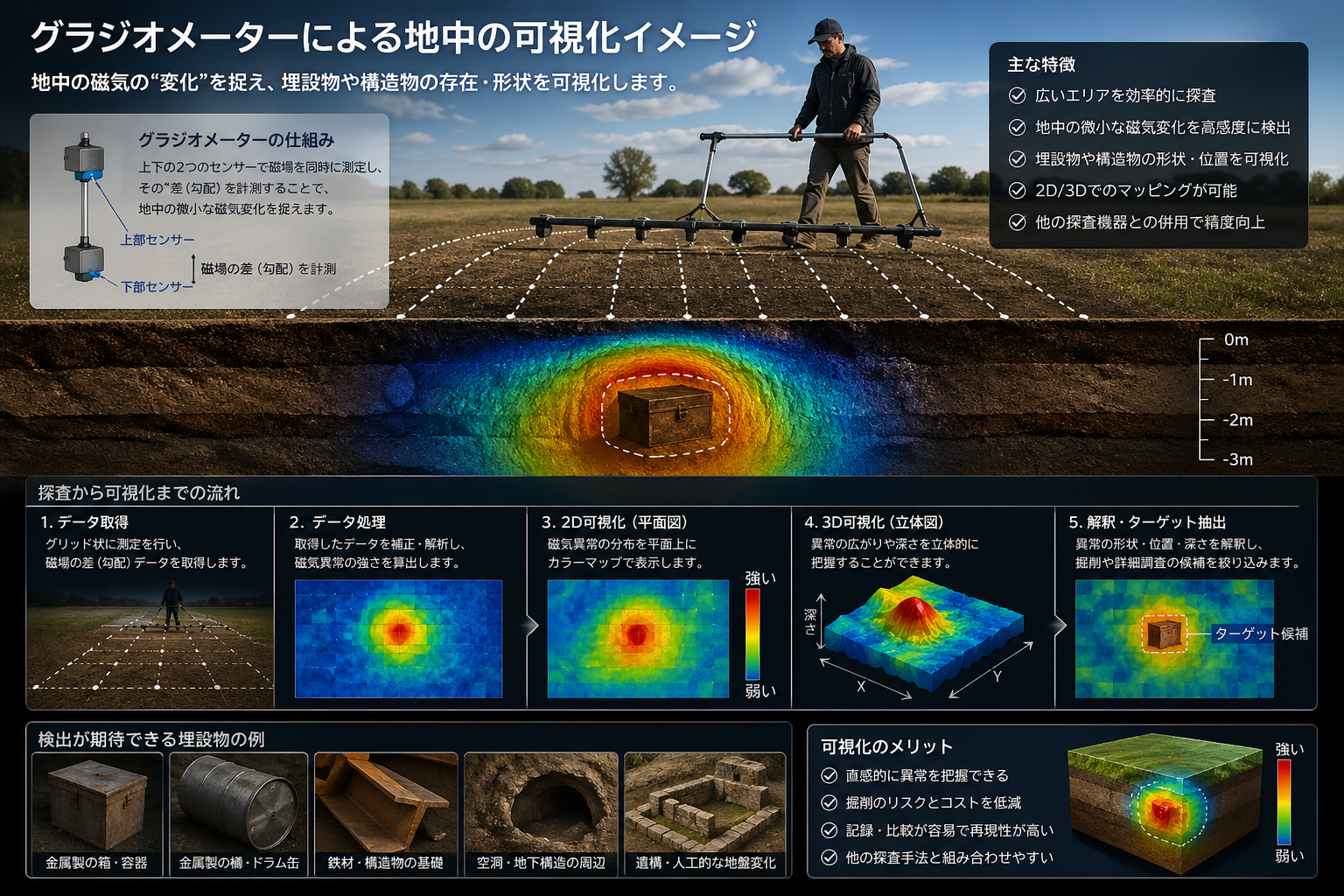 グラジオメーターによる地中異常の可視化イメージ