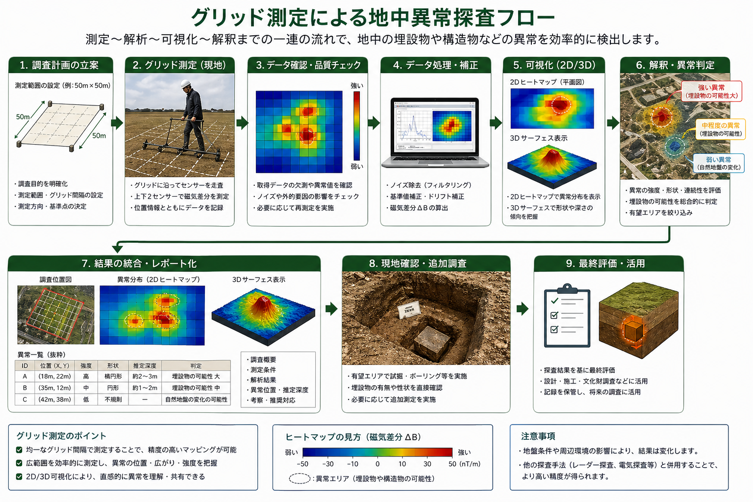 グリッド状に測定して地中異常を調べる探査フロー
